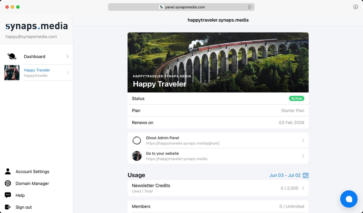 Management panel features including SSL, high performant DNS, and easy domain configuration