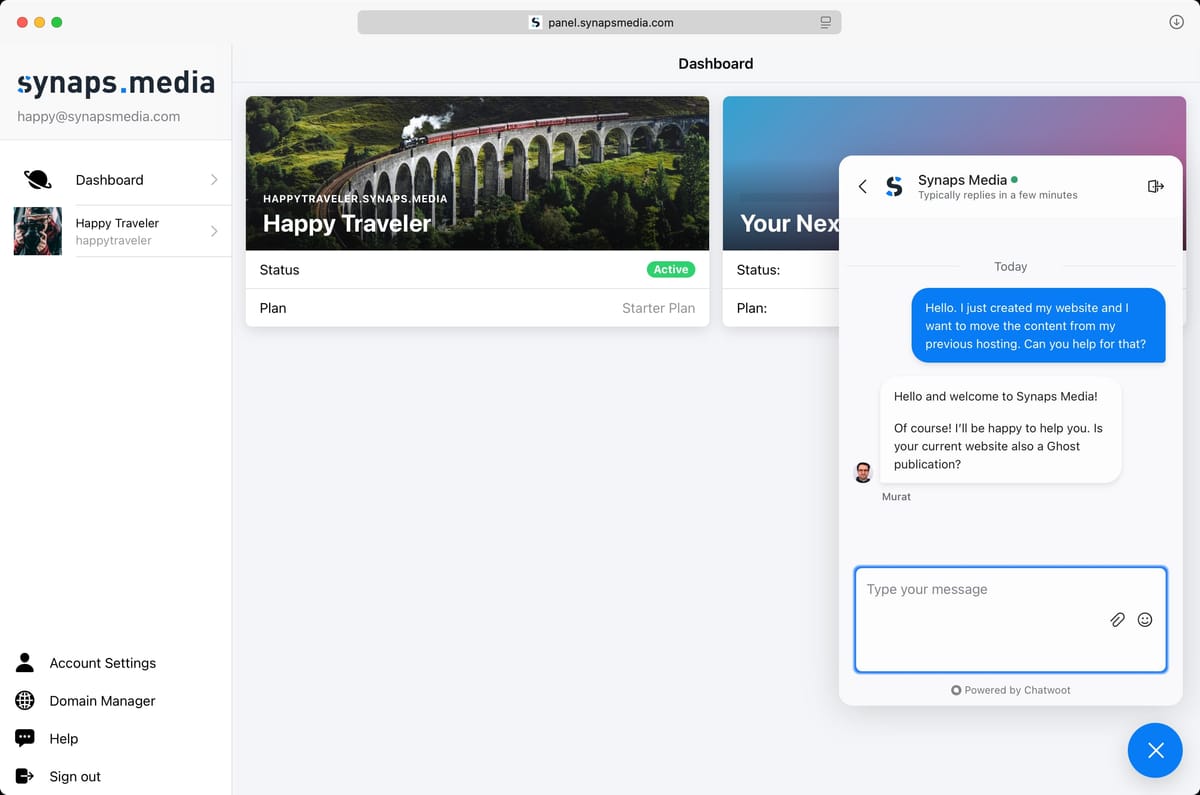 Synaps Media support features including 24/7 support, self-service panel, and easy domain configuration